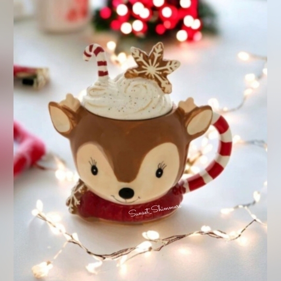 Retro Reindeer Coffee MUG Whipped Cream Gingerbread Cookie Top Tier Tray Decor - Picture 3 of 5